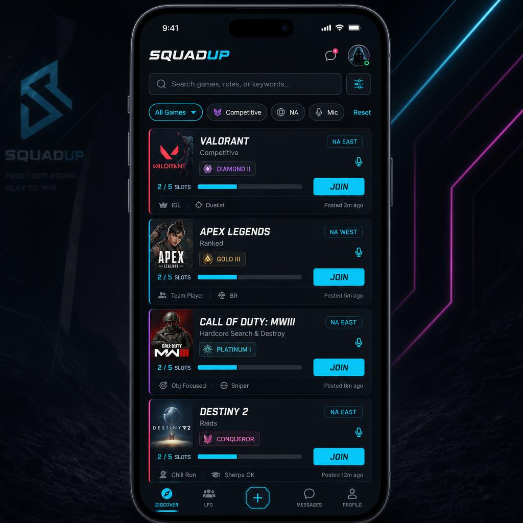 SquadUp LFG feed showing live posts with game, rank, region, mic and slot filters