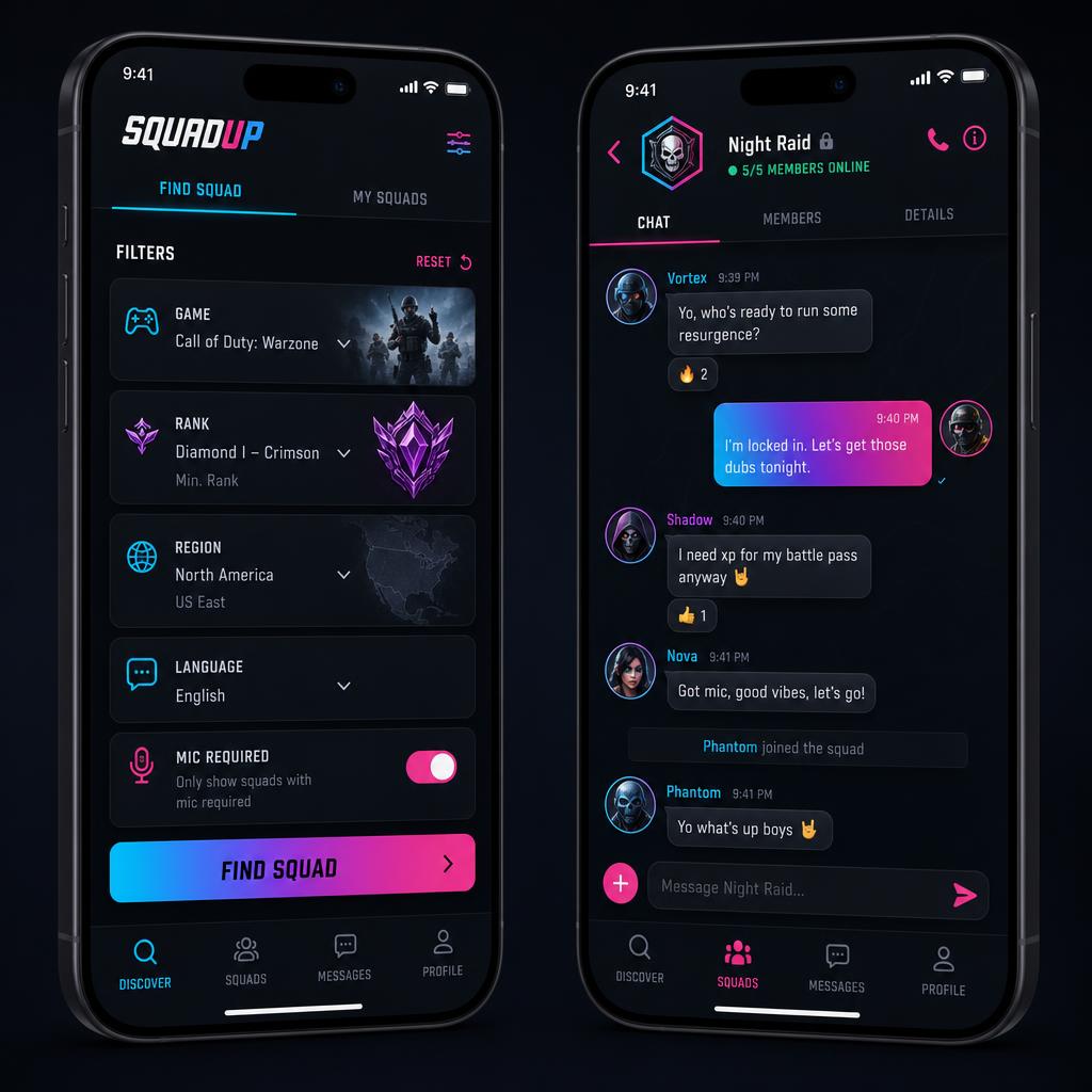 SquadUp filters for game, rank, region, language and mic next to a squad chat thread